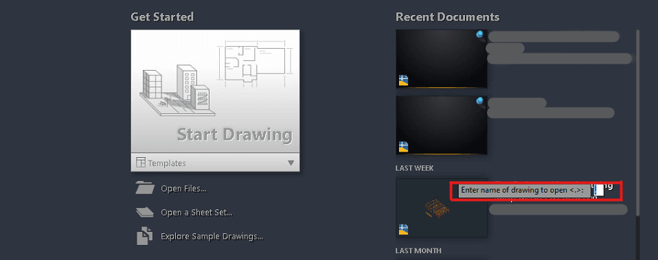 1. Enter name of drawing to open